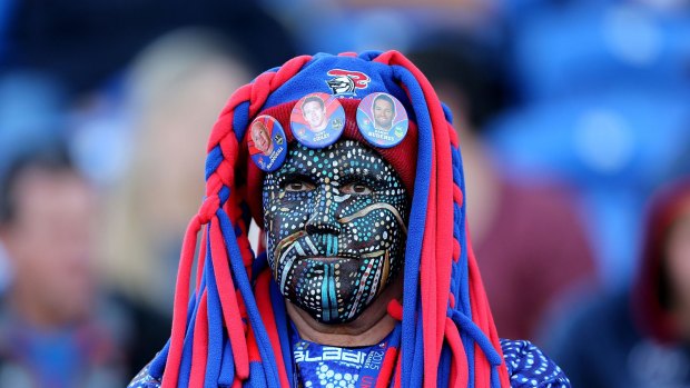 Diehard: A Newcastle Knights fan shows their support during the round 22 NRL match between the Newcastle Knights and the Sydney Roosters at Hunter Stadium during Indigenous Round.