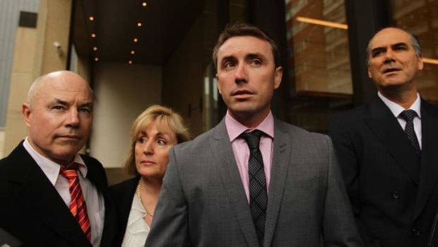 James Ashby, flanked by his parents Darryll Ashby (left) and Colleen Ashby and his lawyer Michael Harmer, arrives at the NSW Supreme court for his appeal.