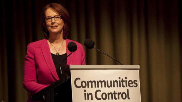 Former Prime Minister Julia Gillard delivers the Joan Kirner Justice Oration at the Communities in Control conference.