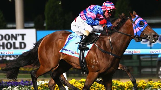 Jim Cassidy rides Sea Siren to victory in the Manikato Stakes at Moonee Valley last night.