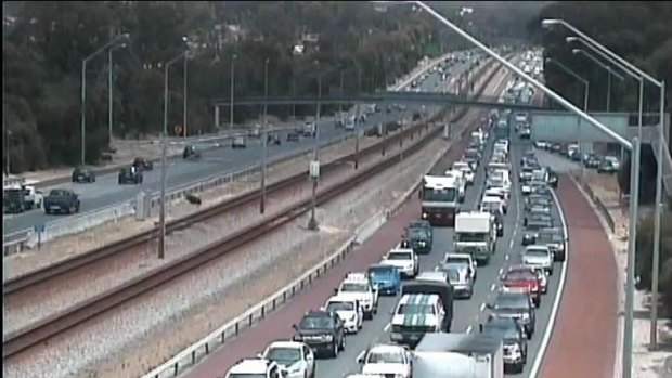 Southbound traffic is at a standstill near Ocean Reef Road on the Mitchell Freeway.
