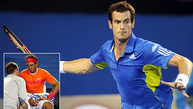 With eyes on a big prize, Andy Murray latches on to a forehand during his win over Rafael Nadal last night. Inset: Nadal’s Open comes to a painful end.
