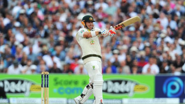 Holing out: David Warner of Australia plays the hook shot that led to his dismissal.
