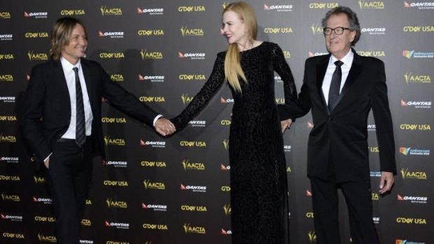 Keith Urban with his wife Nicole Kidman and Geoffrey Rush at the 2015 G'Day USA Los Angeles Gala.