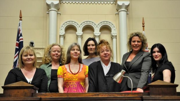 Vikki Petraitis, Carolyn Morwood, Lucy Sussex, Yvette Erskine, Kerry Greenwood, Rochelle Jackson and Leigh Redhead at the old Melbourne Magistrates Court.