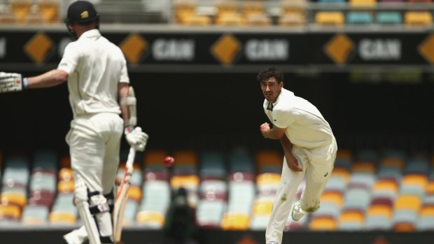 Blowing his cool: Mitchell Starc hurls the ball during day five of the first Test in Brisbane.