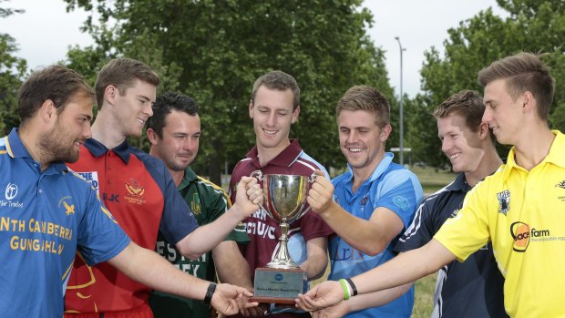 Eyes on the prize: from left, Joe Leach of North Canberra Gungahlin; Gareth Wade of Tuggeranong; Mick Delaney of Weston Creek; Brendan Duffy of Wests-UC; Sam Taylor of Queanbeyan; Scott Murn of ANU; and Ross Pawson of Ginninderra.