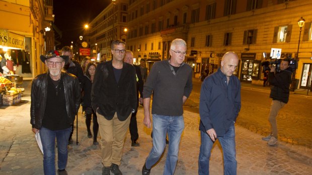 From left, Paul Auchettl, David Ridsdale, Phil Nagle and Andrew Collins, survivors and relatives of priestly sex abuse, arrive at the Quirinale hotel in Rome.