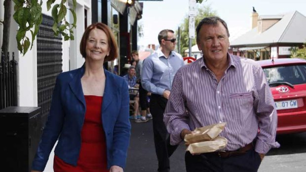Julie Gillard and partner Tim Mathieson in Hobart yesterday for lunch at Jackman and McRoss Cafe.