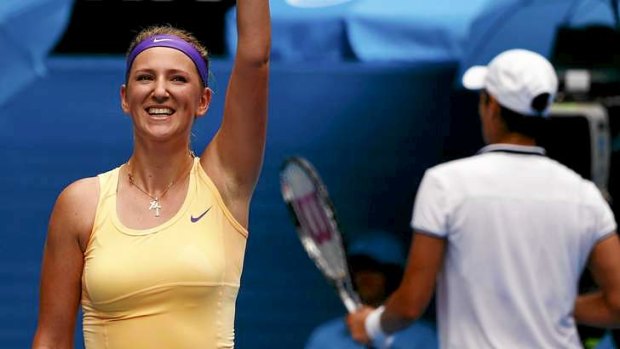 Love is in the air ... Victoria Azarenka of Belarus waves to the crowd.
