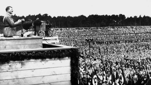 It was only 80 years ago: Adolf Hitler addressing the gathering of his staff chiefs at the giant Nazi demonstration held on the Reichsparteitag area in Nuremberg, Germany.