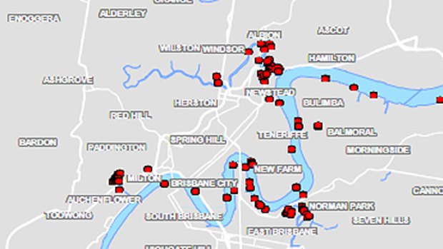 Detail of a map showing some of the Brisbane suburbs that are expected to be inundated tomorrow. <B><A href= http://images.brisbanetimes.com.au/file/2011/01/10/2126839/Overview_Sububs.pdf?rand=1294655936549 > VIEW THE MAP IN FULL </a></b>