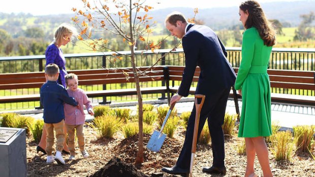 Catherine, Duchess of Cambridge and Prince William, Duke of Cambridge take part a tree planting as they visit the National Arboretum.