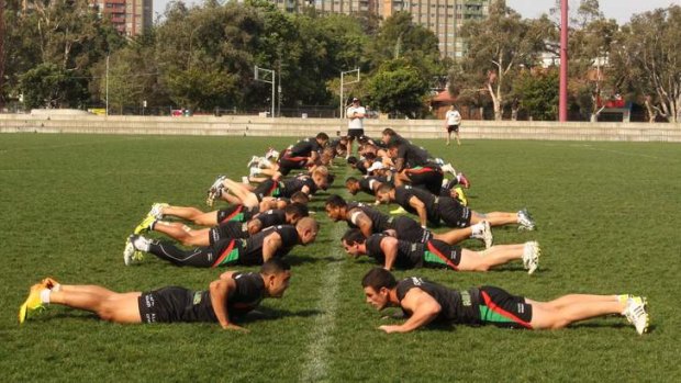 At the ready: South Sydney trained at Redfern in preparation for Friday night's clash.