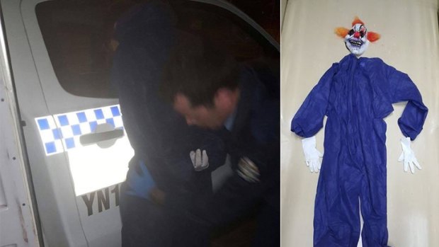 Police photos of the arrest of a man dressed as a clown in Perth and his disguise.
