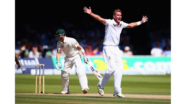 Stuart Broad traps Michael Clarke lbw during the post-lunch session of day two.
