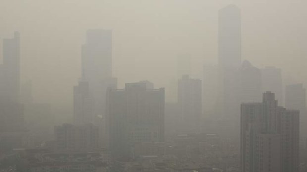 Carbon curb: Buildings are seen through thick haze in downtown Shanghai earlier this month.
