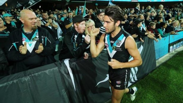 Chad Wingard geert fans after the Power thrashed St Kilda in round 12.