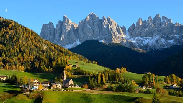 The great outdoors: St Magdalena or Santa Maddalena with its church in front of the Geisler or Odle Dolomites peaks.