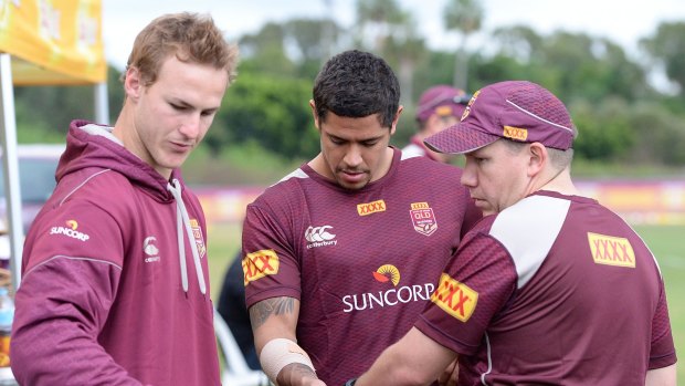 Serious business: Daly Cherry-Evans, left, and Dane Gagai, centre, at Maroons camp. 