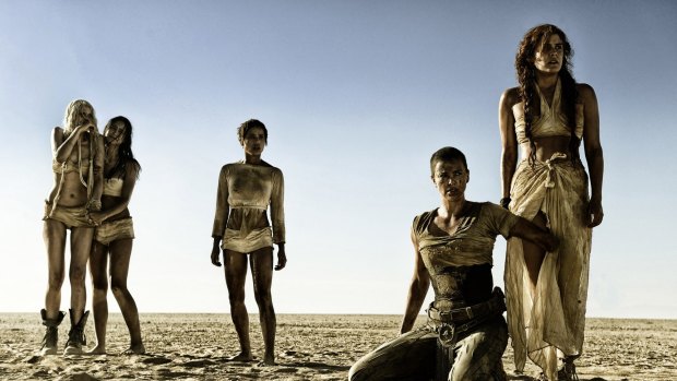 Abbey Lee as The Dag, Courtney Eaton as Cheedo the Fragile, Zoe Kravitz as Toast the Knowing, Charlize Theron as Imperator Furiosa and Riley Keough as Capable, in <i>Mad Max: Fury Road</i>. 