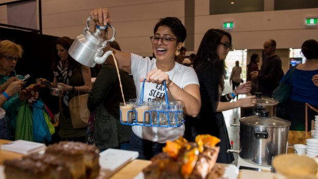 Corporate solicitor Uppma Virdi has found an unexpected second career selling chai based on her Indian grandfather's recipe. Pictured at the inaugural Melbourne Tea Festival at Melbourne Convention and Exhibition Centre on Sunday. 