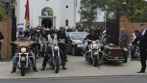 Hells Angels members form a funeral procession for Steve Mitrovic in Rooty Hill.