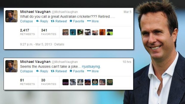 Former England captain Michael Vaughan and (inset) two of his tweets from the past two days.