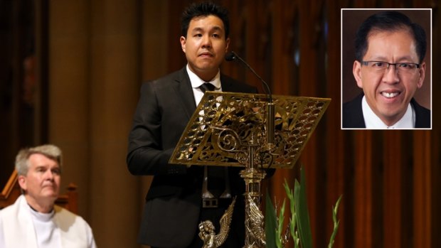 Alpha Cheng at the funeral service for his murdered father, NSW Police accountant Curtis Cheng (inset), at St Mary's Cathedral on October 17.