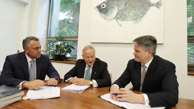 Big fish to fry: Treasurer Joe Hockey, commissioner Tony Shepherd and Finance Minister Mathias Cormann at the announcement of the audit commission on Tuesday.