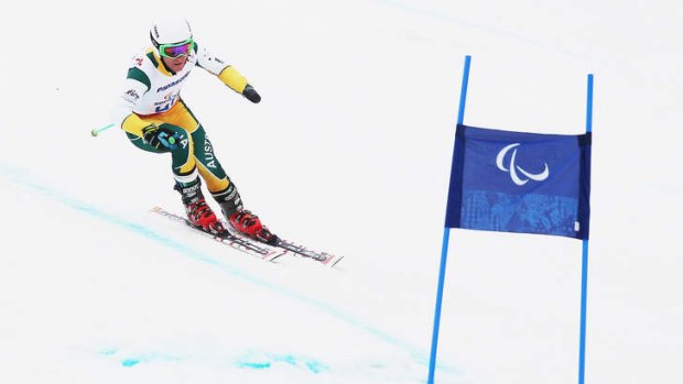 Mitchell Gourley of Australia trains for the Men's Downhill Sitting Ski event at Rosa Khutor Alpine Center in Sochi, Russia.
