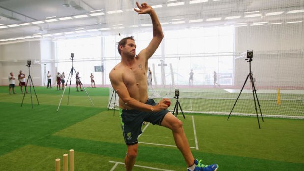 Ryan Harris goes through the motions at the new National Cricket Centre in Brisbane this week.