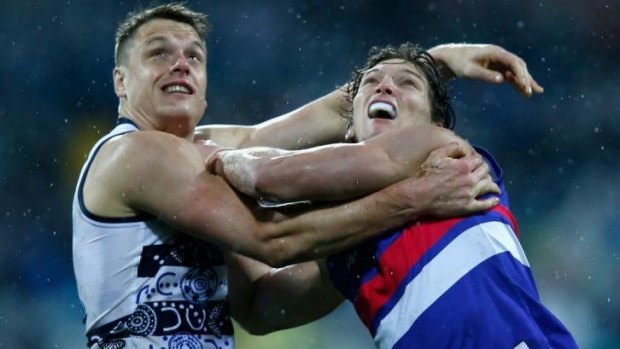 Hamish McIntosh of the Cats and Will Minson of the Bulldogs compete in the ruck.