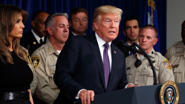President Donald Trump speaks after meeting with first responders and private citizens that helped during the mass shooting at the Las Vegas Metropolitan Police Department.