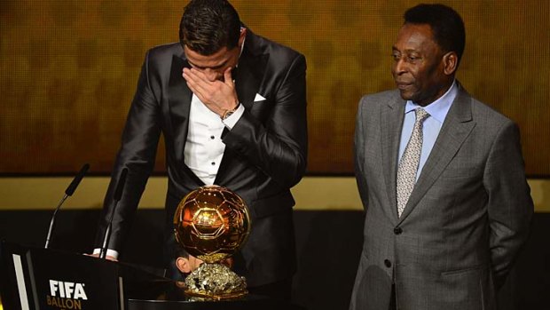 Time for tears: Cristiano Ronaldo and Pele at the Ballon d'Or presentation.