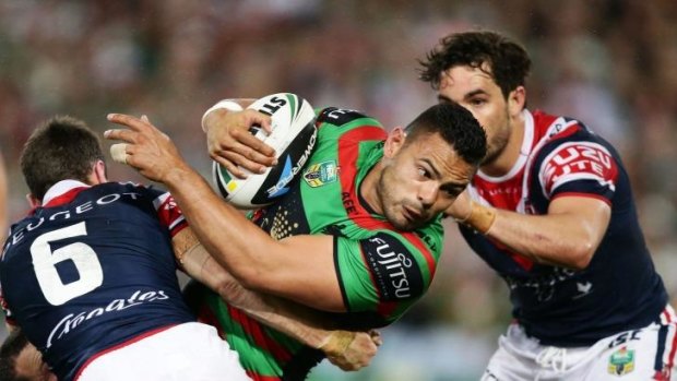 Dumped: Ben Te'o is upended by James Maloney and Aidan Guerra.