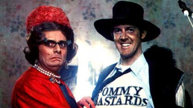 Strining the friendship ... Barry Humphries and Barry Crocker in 'The Adventures of Barry McKenzie'.