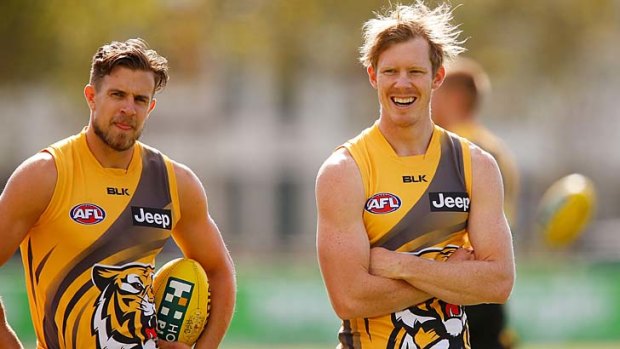 Tigers pair: Jack Riewoldt (right) at training with Brett Deledio.