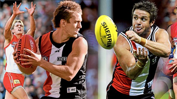 Trading places ... Sean Dempster, left, and Adam Schneider proved ball winners in Sydney colours before they hit their straps with St Kilda. Now they face their old teammates in an elimination final tomorrow night. <em>Photo montage: Greg Bakes</em>