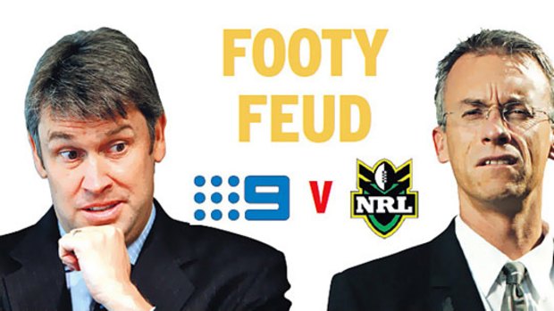 It’s on ...  Nine Network chief executive David Gyngell, left, isn’t happy with what National Rugby League boss David Gallop said in an article that appeared in The Sydney Morning Herald on Friday.
