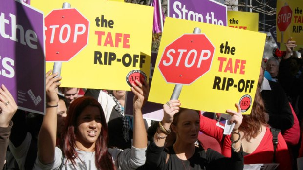 TAFE staff protest the proposed cuts to the sector in the state budget.