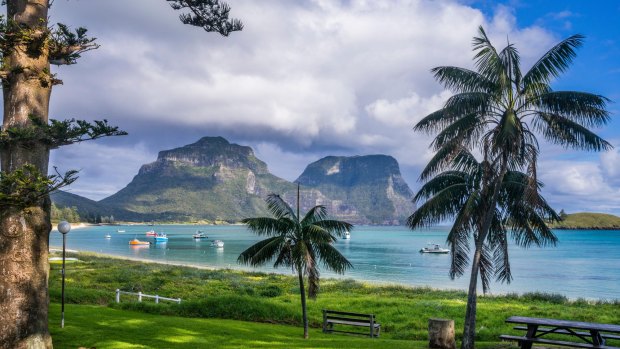 Lagoon Beach with Mount Lidgbird and Mount Gower in the background.