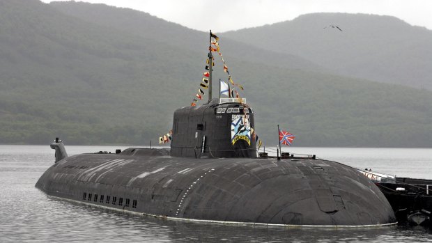 A file photo of the submarine Vilyuchinsk. The nuclear sub Orel, of the same type as the Vilyuchinsk, caught fire during repairs at the Zvezdochka shipyard in Severodvinsk on the White Sea. 