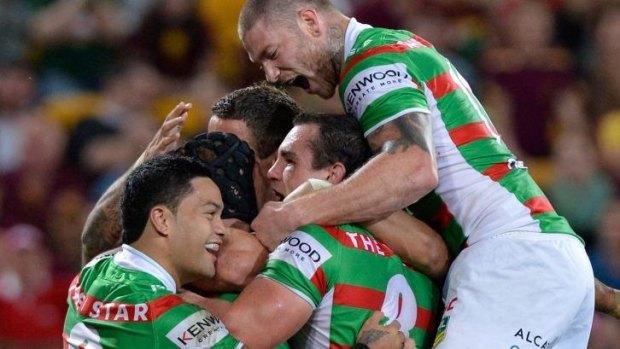 The Rabbitohs celebrate a past victory over the Brisbane Broncos.