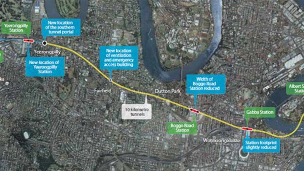A detail of a map of the proposed Cross River Rail project, prepared by the former Bligh government. The Newman government's proposed project includes only the rail line in yellow - between Yeerongpilly and Victoria Park. <B><A href= http://images.brisbanetimes.com.au/file/2012/06/20/3388936/1_crr-map.jpg?rand=1340149553583 > VIEW A LARGER MAP </a></b>