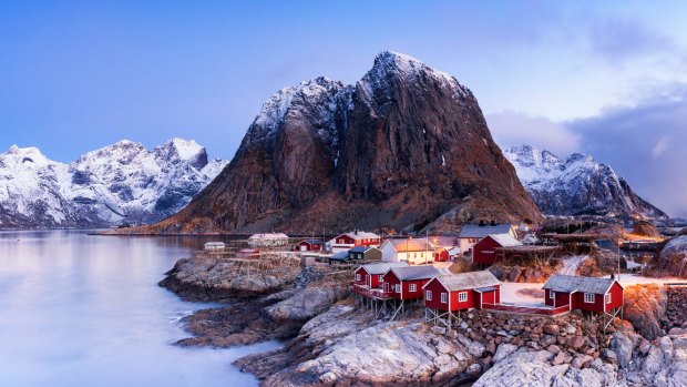 Robuer, or traditional fishing cabins, on the Lofoten Islands in Norway.