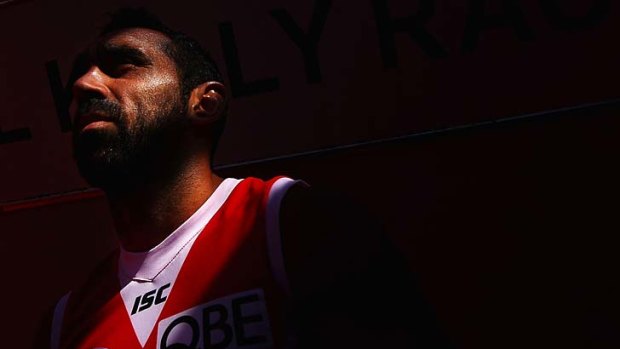 Goodes gold: Adam Goodes will play his 304th match for Sydney this afternoon against the Hawks in Launceston and in doing so surpass his mate Michael O'Loughlin's club record.