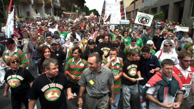 People power: More than 50,000 people marched from the South Sydney Rugby League Club to the Town Hall to protest their exclusion from the NRL competition in 2000.