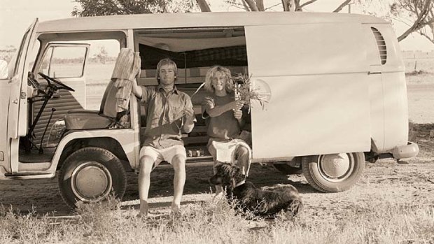 ''Somewhere west of Hay'' &#8230; John Witzig and Nigel Coates and their Afghan hound Abu on safari to Margaret River in Western Australia on Christmas Day, 1970.