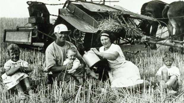 A photo hanging in Barnaby Joyce's office of Frank and Jessie Marsh and children having a tea break during harvesting in Werrimull South, Victoria, 1937.